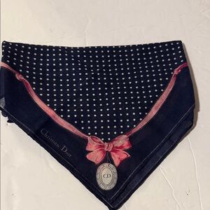 Dior Navy Polka Dot Silky Scarf with Pink Floral Trim